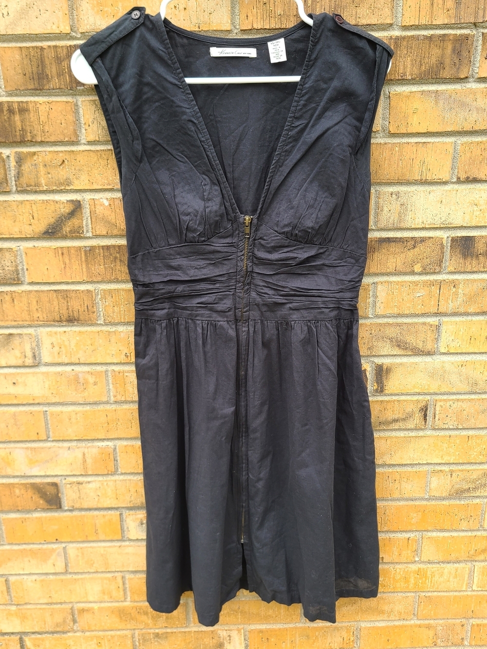 Kenneth Cole New York Black Sleeveless V-Neck Midi Dress with Front Zip